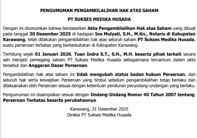 Pengumuman Pengambilalihan Hak Atas Saham PT Sukses Medika Husada