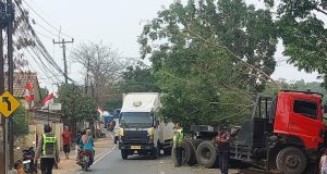 Trailer Oleng dan Hantam Pohon di Jalan Raya Badami, Sopir Dilarikan ke RSUD Karawang